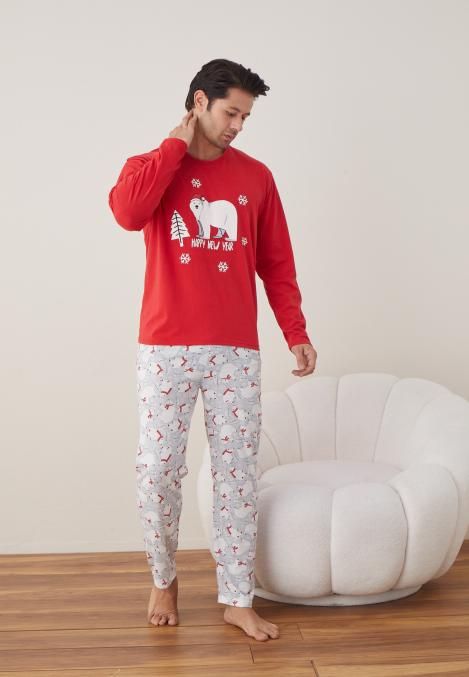 Pijama barbati Craciun "HAPPY NEW YEAR" , maneca lunga ,pantaloni lungi,Culoare Rosu ,Engros